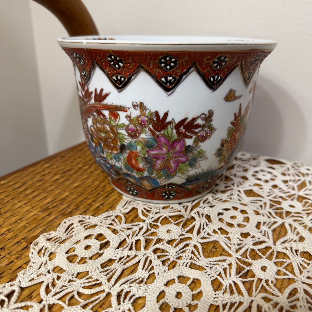 Vintage Chinese Export Porcelain Jardiniere Planter Birds Flowers Gold Gilt 5"